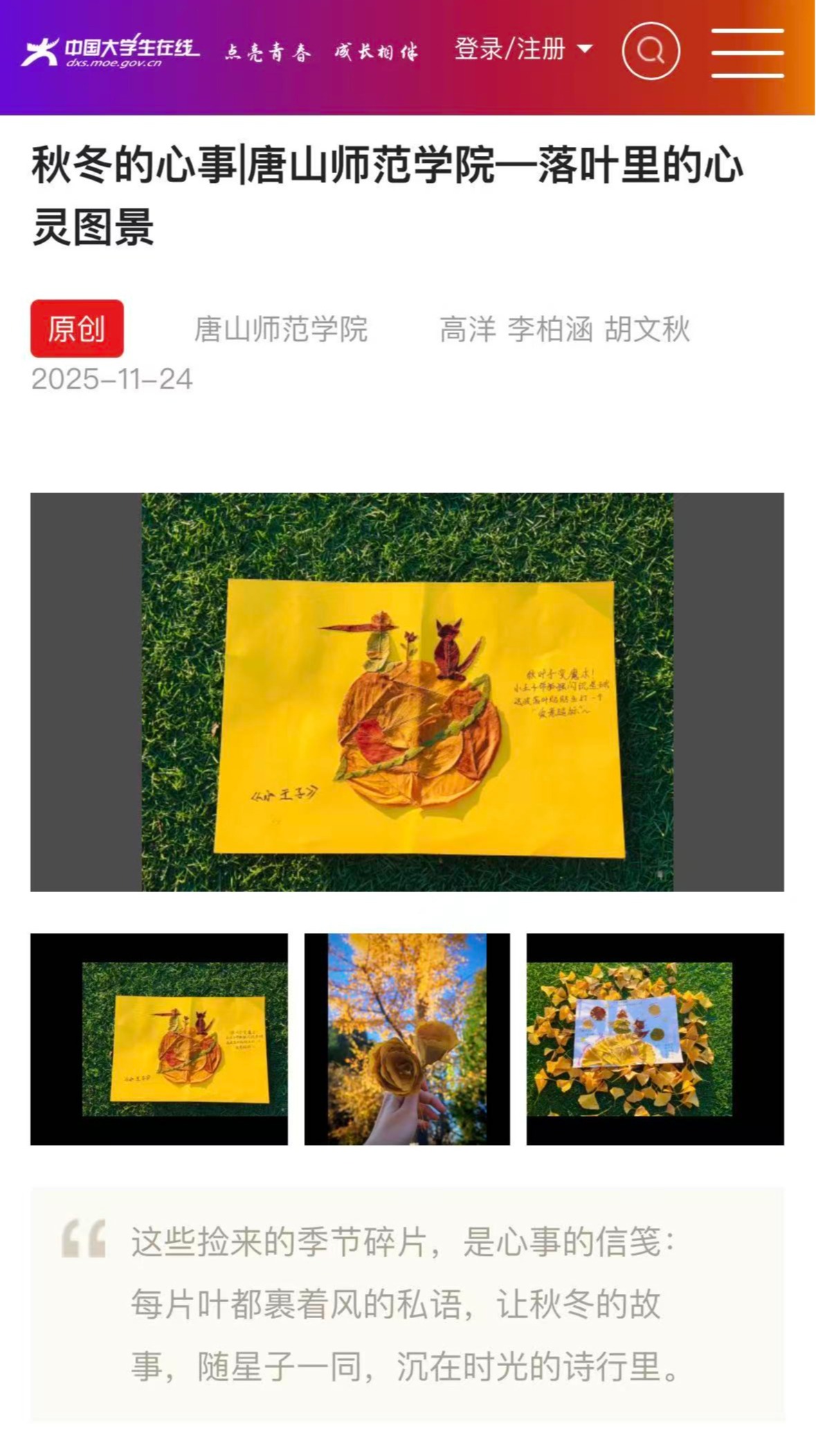 《中国大学生在线》——秋冬的心事|唐山师范学院—落叶里的心灵图景