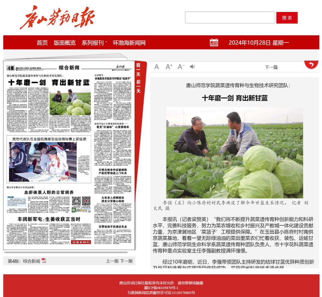 《唐山劳动日报》——唐山师范学院蔬菜遗传育种与生物技术研究团队：十年磨一剑 育出新甘蓝